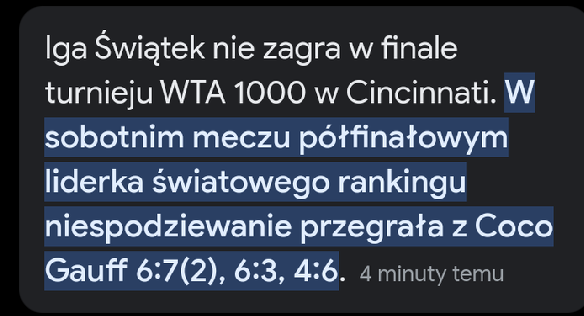 Read more about the article Iga Świątek przegrywa z Coco Guff w turnieju w Cincinatti