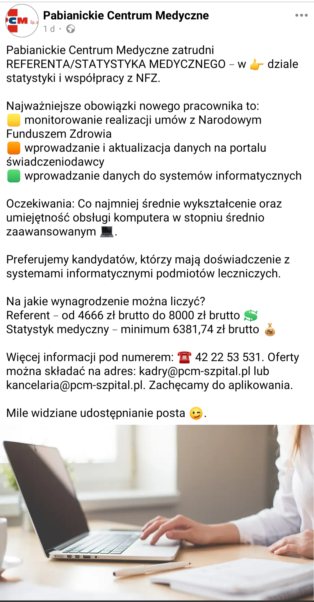 Read more about the article Jest praca w Pabianicach. Pabianickie Centrum Medyczne szuka Referenta/Statystyka